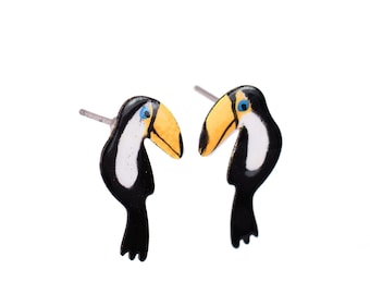 Handpainted Toucan Post Earrings, Toucan Jewelry, Toucan Stud Earrings, Toucan Studs, Animal Jewelry, Funny Earrings, ZOO Earrings