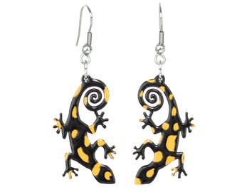 Salamander Earrings Eclectic Design Hand painted Jewelry Enameled Earrings, Whimsical Reptile Fun Earrings, Lizard Earrings, Newt Earrings