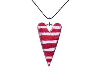 Handpainted Red Heart Pendant with Stripes
