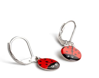 Hand-painted ladybug earrings, earrings for girls, stainless steel, ladybird earrings, ladybird jewelry, ladybug jewelry, leverback earrings