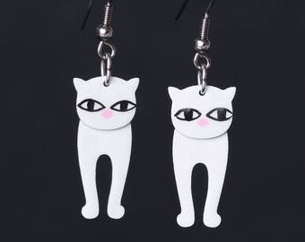White Cat Earrings, Stainless Steel Cat Lover Kitty Jewelry, Cute Cat Fun Earrings, Wearable Art, Whimsical Earrings for women and girls