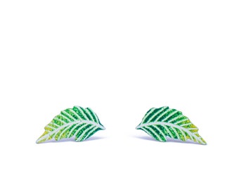 Green Feather Stud Earrings, Enameled Stainless Steel, Natural Statement Earrings, Small Earring, Feather Studs