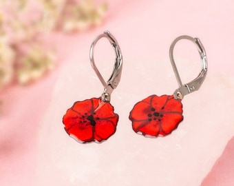 Red Poppy Earrings for Women and Girls, Hand Painted Earrings, Enamel Earrings Stainless Steel, Poppies, Flower earrings,  Lever back