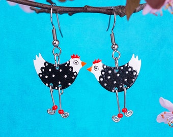 Boucles d'oreilles poulet noir et blanc - Acier inoxydable, boucles d'oreilles amusantes, bijoux hilarants