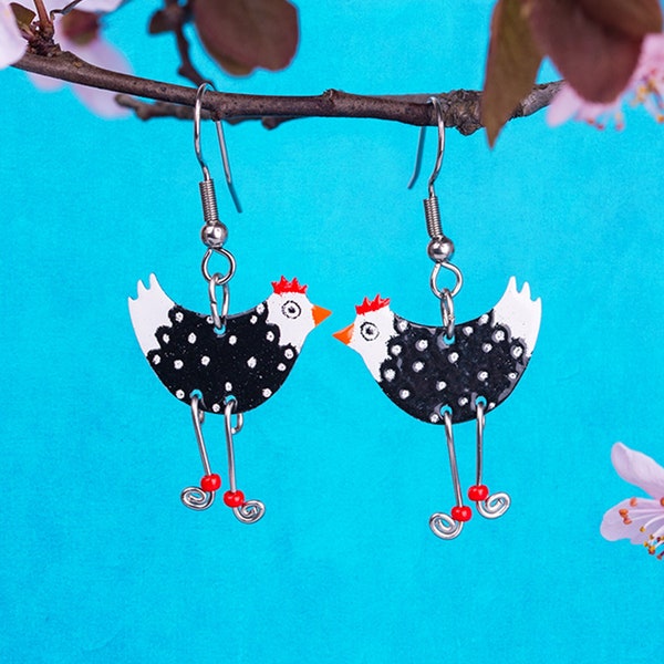 Boucles d'oreilles poulet noir et blanc - Acier inoxydable, boucles d'oreilles amusantes, bijoux hilarants