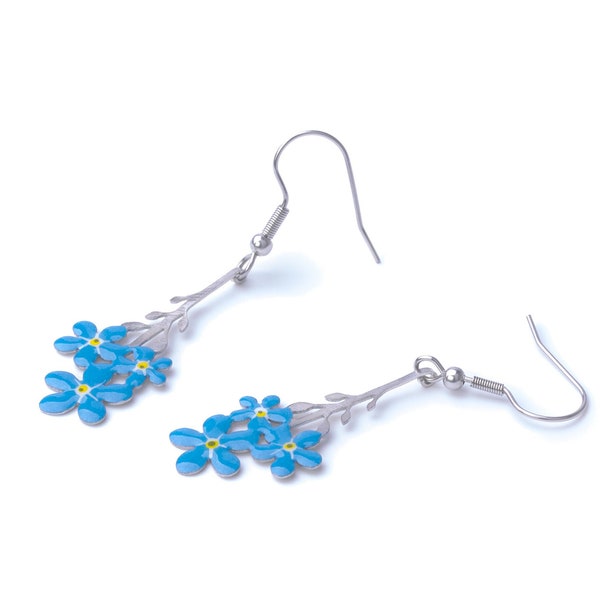 Forget-me-not Earrings - Stainless Steel, Enamel Earrings, Forget-me-not Jewelry