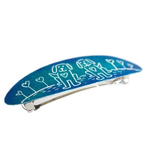 Quirky Oval Hand Painted Blue Enamel Dog French Barrette , Ponytail Holder, France Barrette, Dog Barrette, Enamel Barrette, Hair Clip