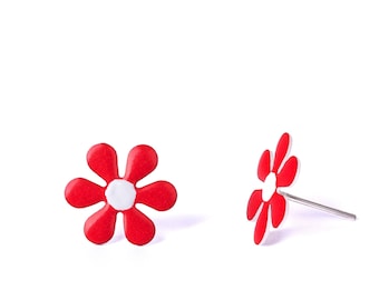 Red Flower Stud Earrings, Handpainted Earrings, Flower Earrings, Natural Statement, Plant Earrings, Plant Jewelry, Nature Celebrations