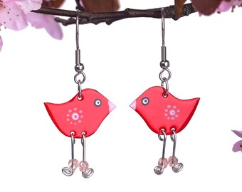 Boucles d'oreilles oiseaux en émail - Boucles d'oreilles pendantes lunatiques amusantes et mignonnes peintes à la main à pois rouges, bijoux tendance amusants, boucles d'oreilles colorées