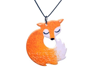 Fox Pendant, Enamel Pendant, Whimsical Pendat, Fox Jewelry, Playful Style, Fox Jewelry Set, Fox Necklace, Playful Necklace,Woodland Pendant