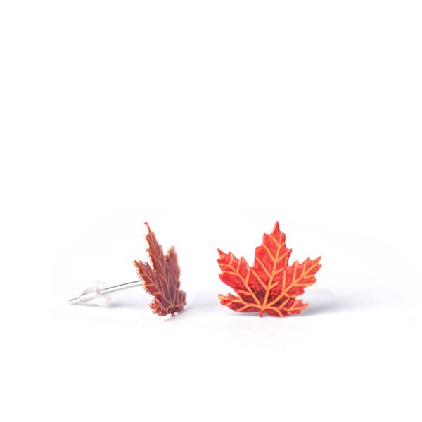Hand-painted Maple Leaf Stud Earrings, Autumnal Earrings, Autumn Earrings, Enameled Stainless Steel, Leaves Earrings, Natural Statement