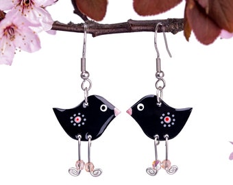 Whimsical Playful Quirky Fun Earrings, Hand Painted Stainless Steel, Artisan Dangle Beaded Black Bird Boho Earrings , Fun Quirky Jewelry