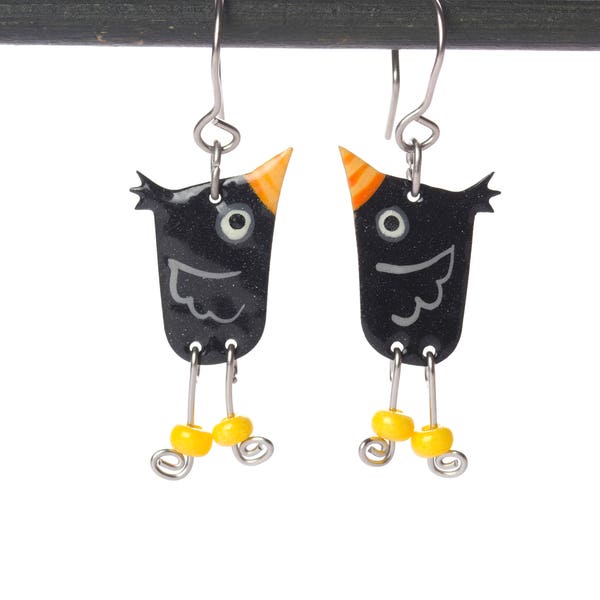 Funky Dangle Blackbird Earrings,Enameled Metal Stainless Steel Wired Bird Handpainted Patterns, Eccentric Jewelry, Playful Style, Funny Gift