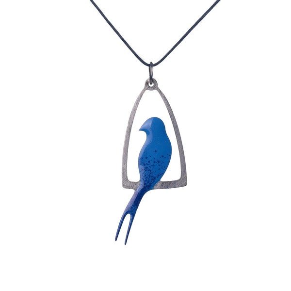 Pendentif hirondelle bleue, acier inoxydable, longueur réglable