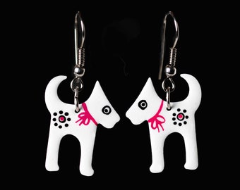 Scottie Dog Earrings, Dog Lovers Jewelry Pink Bows White Enamel Artisan Flower Hand Painted Design Animal Earrings Animal Jewelry