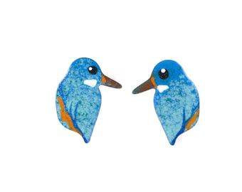 Hand-painted Kingfisher Earrings, Enamel Earrings. Bird Earrings