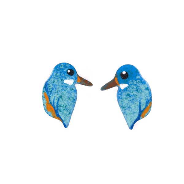 Hand-painted Kingfisher Earrings, Enamel Earrings. Bird Earrings