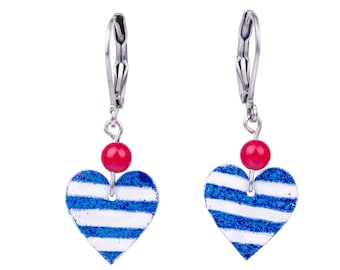 Navy Blue Heart Earrings with Stripes and Coral Beads - Stainless Steel, Sailor Earrings