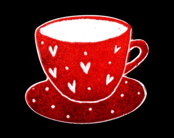 Hand-painted Red Cup with Hearts Brooch, Stainless Steel, Coffee Cup Enamel Badge, Coffee Gift, Coffee Lover Gift, Coffee Cup Pin, Teacup