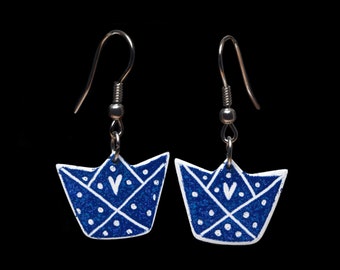 Handpainted Blue Boat Earrings, Ship Earrings, Stainless Steel Origami Earrings, Everyday Earrings, Steel Boat Earrings