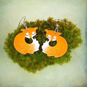 Hand-Painted Fox Earrings, Stainless Steel, Woodland Jewelry