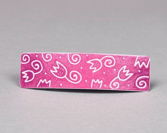 Hand Painted Pink Tulips Enamel French Barrette, France Barrette, Hair Clip, Hair Slide, Hair Accessories, Pony Holder, Ponytail Holders