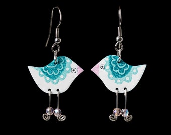 Handpainted Blue Bird Earrings, Unique Earrings, Unique Jewelry, Designer Earrings, Designer Jewelry, Dainty Earrings, Dainty Jewelry