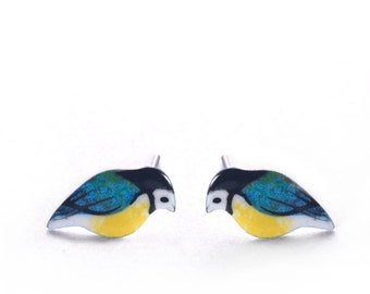 Blue Tit Stud Earrings, Stainless Steel, Bird Jewelry, Enamel Earrings, Bird Earrings