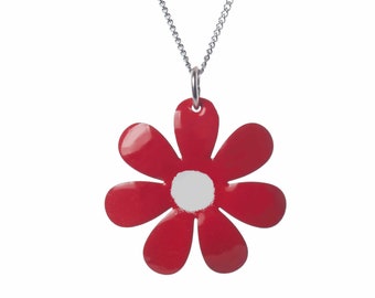 Handbemalter roter Blumenanhänger, emaillierter Edelstahl, wunderlicher Schmuck, Blumenschmuck