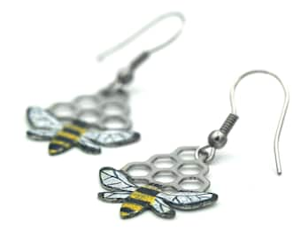 Pendientes de abeja y panal, pendientes de abeja, joyería de abeja