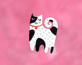 Handgeschilderde zwart-witte Cyperse kattenbroche - Geïllustreerde emailpin - Roestvrij staal, Cat Pin, Cat Badge