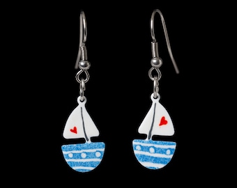 Handpainted Blue Boat Earrings with blue stripes, Marine earrings, Ship Earrings, Stainless Steel, Ocean Earrings, Nautical Earrings