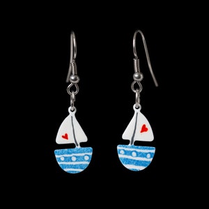 Handpainted Blue Boat Earrings with blue stripes, Marine earrings, Ship Earrings, Stainless Steel, Ocean Earrings, Nautical Earrings