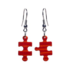 Red jigsaw puzzle earrings with stripes, silly earrings, kitch earrings, funny earrings, quirky earrings, kawaii earrings