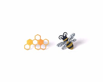 Bee and Honeycomb Studs, Bee Stud Earrings, Bee Jewelry, Mismatched Earrings