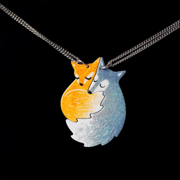 Fox Couple Necklace, Couple Pendant, Couple Gift, Couple Jewelry, Fox Pendant, Fox and Wolf, Romantic Couple Necklace, Matching Necklaces