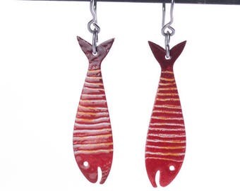 Stainless Steel Red Fish Earrings, Enameled Metal,  White Stripes, Nautical Earrings, Nautical Jewelry, Funny Fish, Playful Fun Jewelry