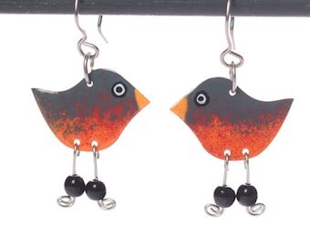 Robin earrings with dangle beaded legs, enameled stainless steel, robin jewelry, artisan earrings, original gift for her, fun jewelry