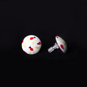 Rosehip dome earrings, hand-painted earrings, enamel earrings, hammered earrings, hammered jewelry, rosehip jewelry
