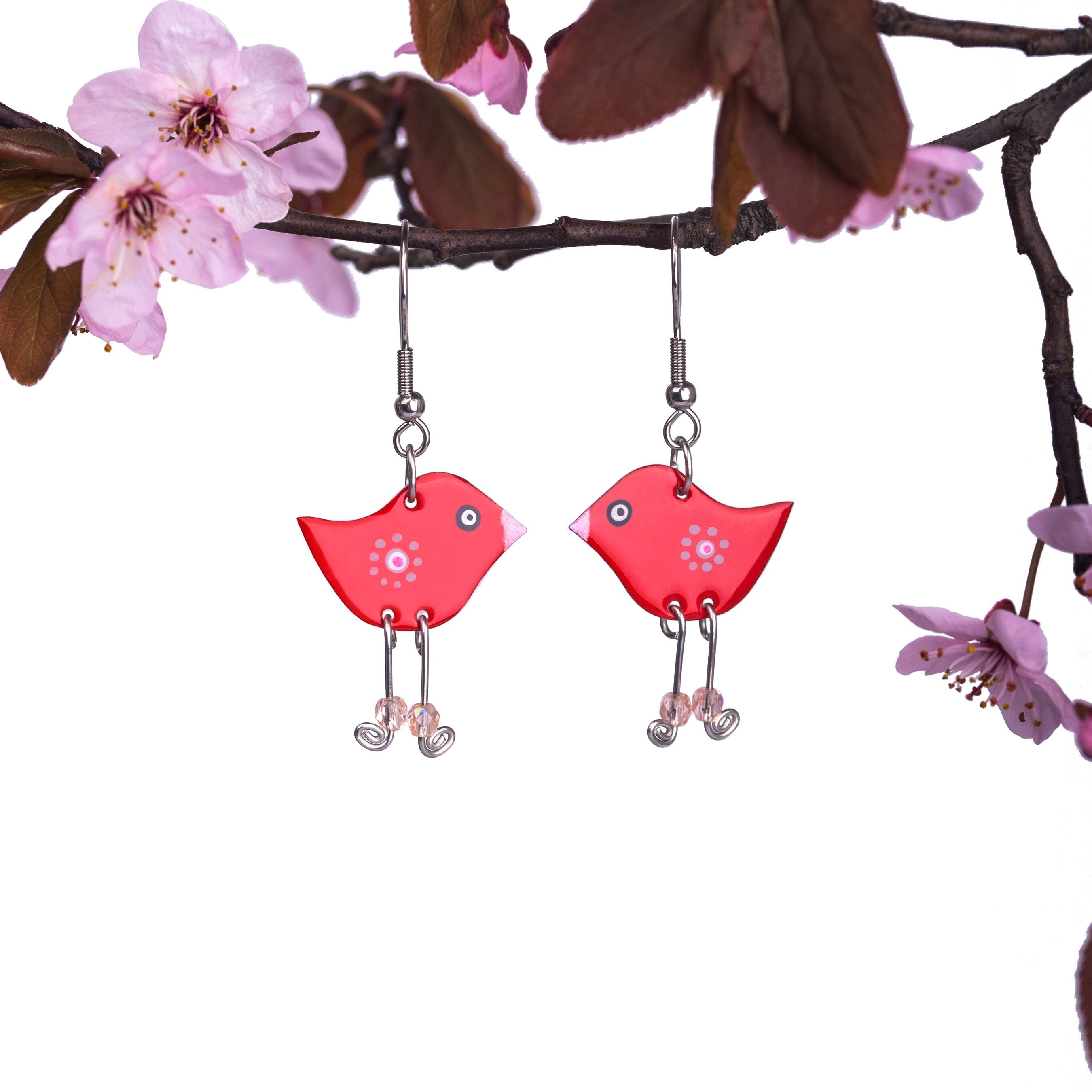 Enamel Bird Earrings - Red Spotty Polka Dot Hand Painted Cute Fun Whimsical Dangle Earrings, Fun Statement Jewelry, Colorful Earrings