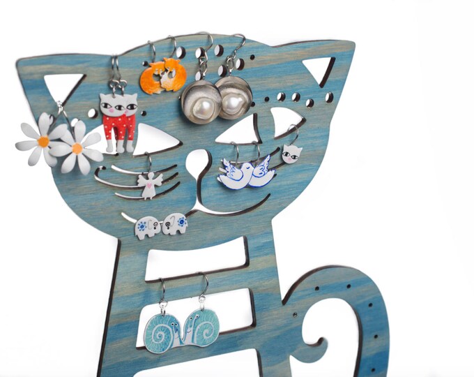 Large Cat Earring Holder, Cat Wooden Jewelry Stand, Jewelry Storage