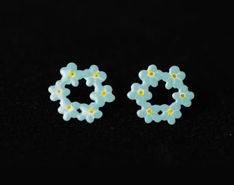 Wreath of forget-me-nots Earrings - Stainless Steel, Enamel Earrings, Forget-me-not Jewelry,
