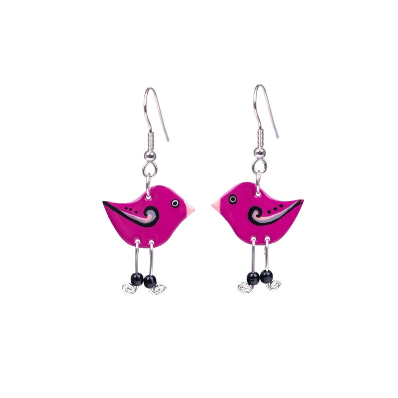 Purple bird earrings, hand painted enamel earrings, stainless steel earrigns, whimsical fun quirky jewelry, fun earrings, colorful jewelry image 2