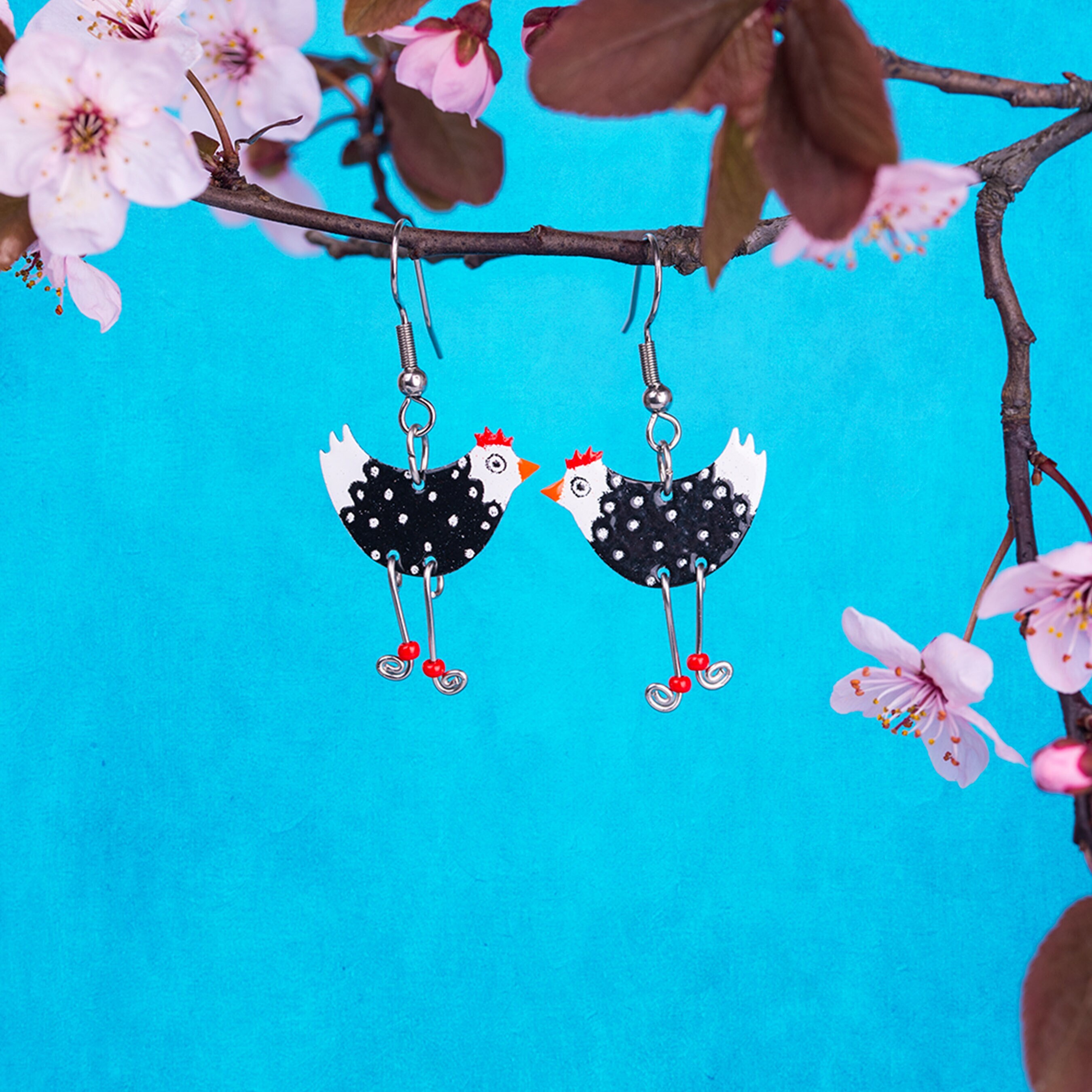 Black and White Chicken Earrings - Stainless Steel, Funny Earrings, Hilarious Jewelry