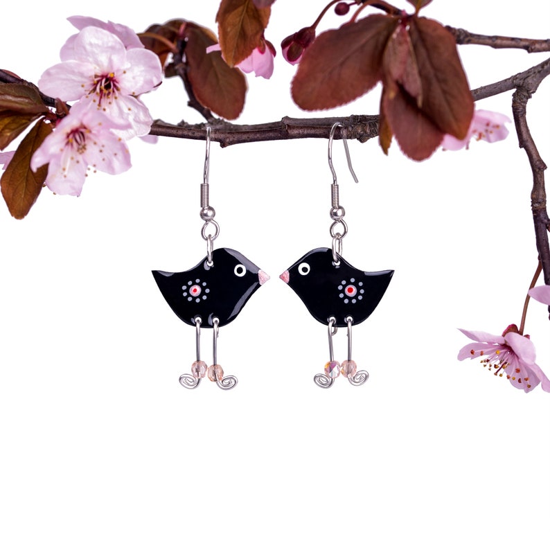 Funny Earrings, Stainless Steel Bird Earrings Whimsical Earrings Whimsical Jewelry Playful Colorful Fun Earrings, Fun Jewelry, Ice-breaker Black