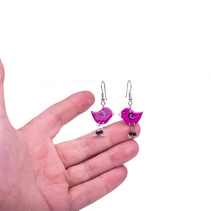 Purple bird earrings, hand painted enamel earrings, stainless steel earrigns, whimsical fun quirky jewelry, fun earrings, colorful jewelry image 3