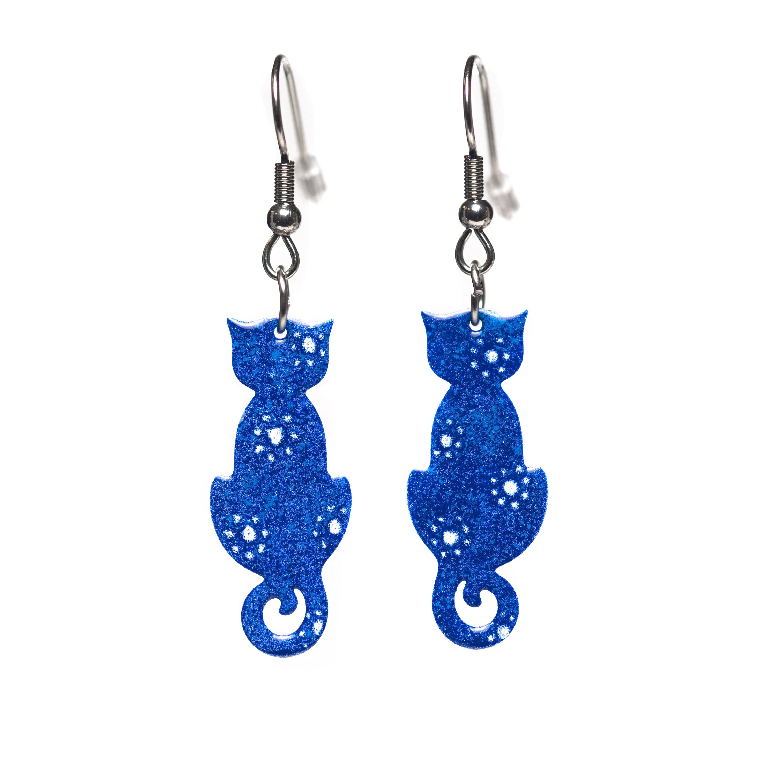 Unique Hand-Painted Navy Blue Cat Earrings with Flower Design - Wearable Art