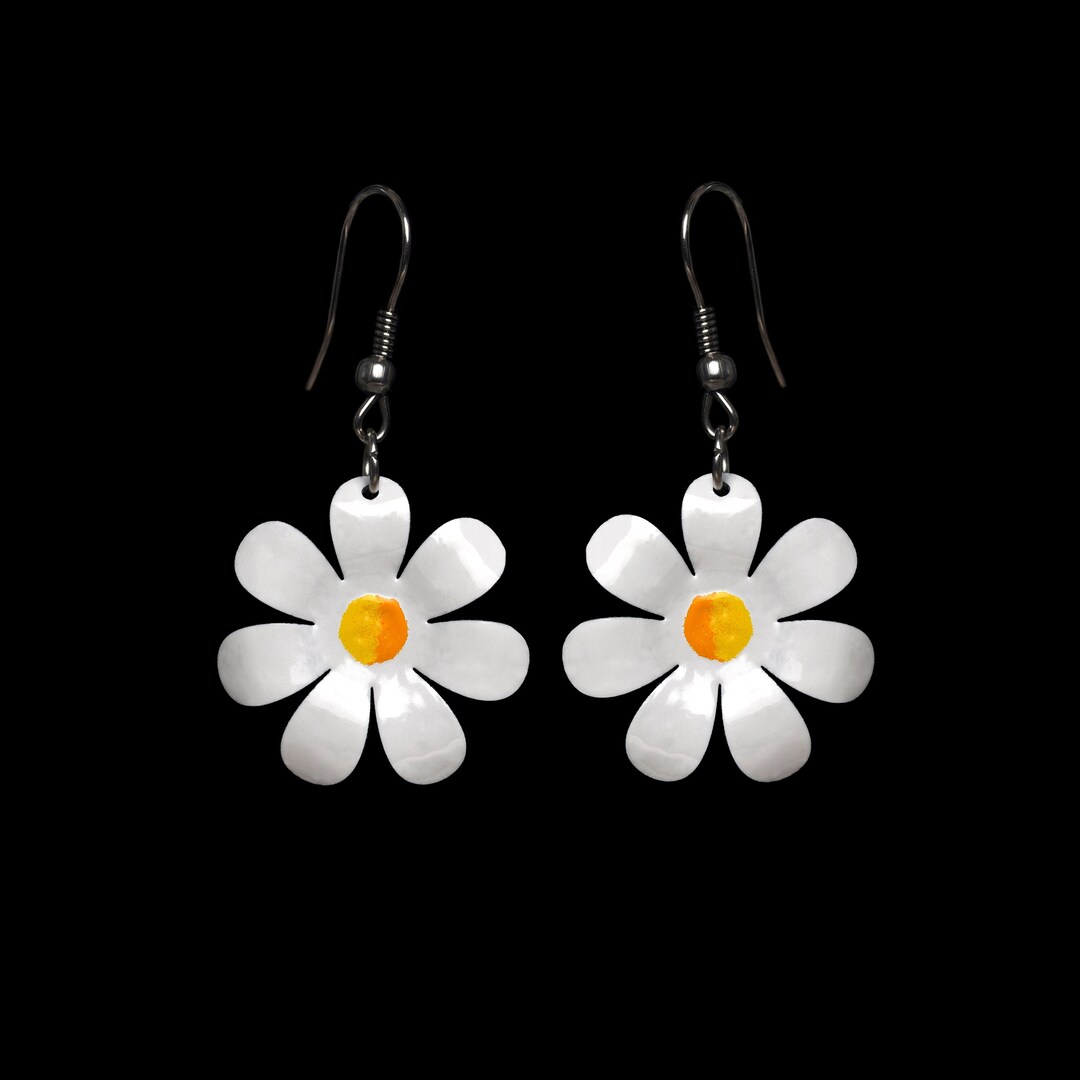 Daisy Flower Earrings, Enameled Metal Stainless Steel, Whimsical