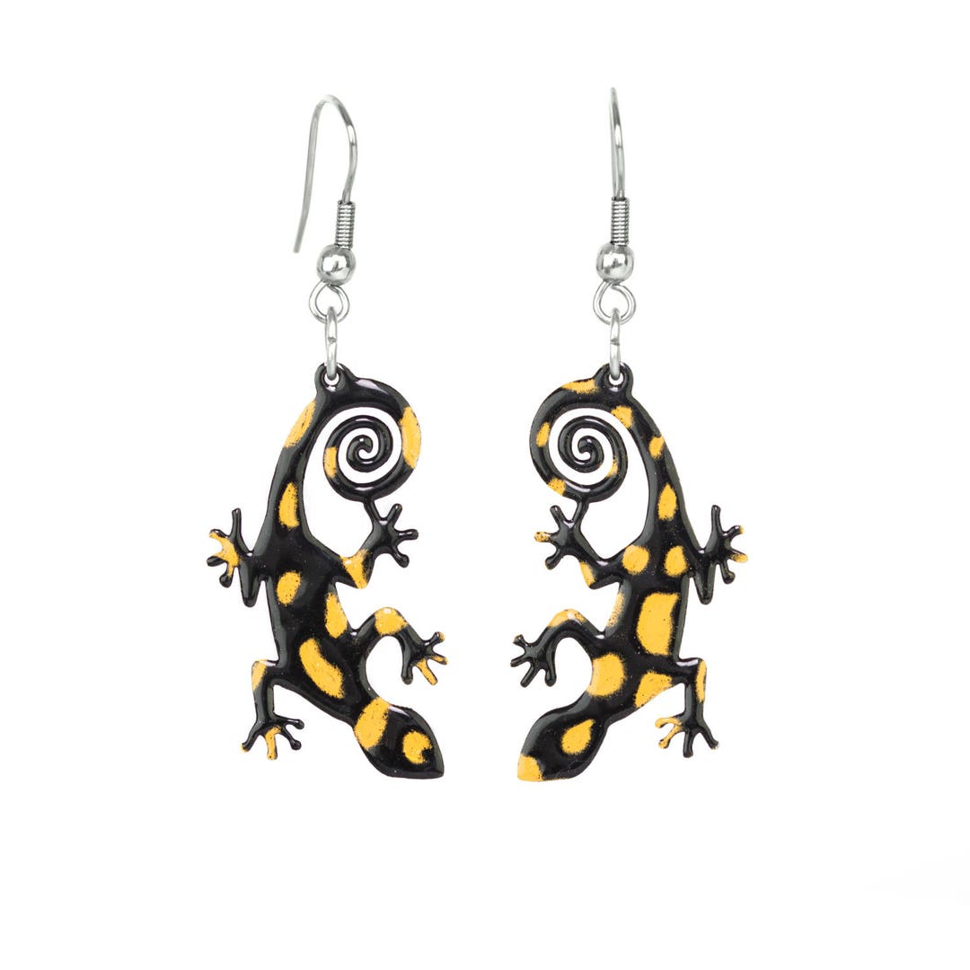Salamander Earrings Eclectic Design Hand Painted Jewelry Enameled Earrings, Whimsical Reptile