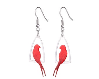 Red Swallow Earrings, Stainless Steel, Enamel Jewelry, Metal Cage, Sitting Bird, Elegant Design, Red Lipstick Earrings , Caged Birds